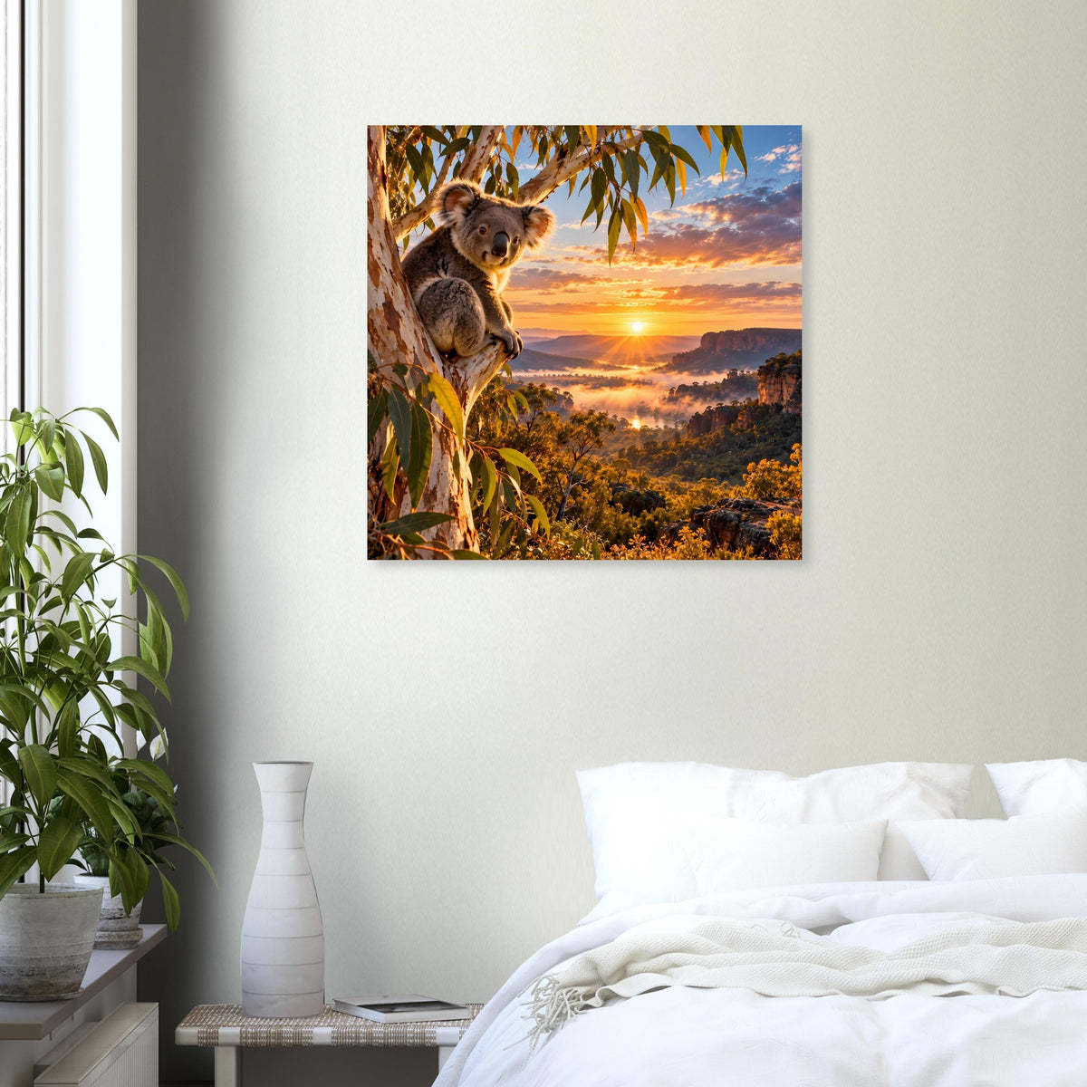 Quadratisches Koala-Poster mit Abendsonne, Koala auf Ast und Hügeln im Hintergrund