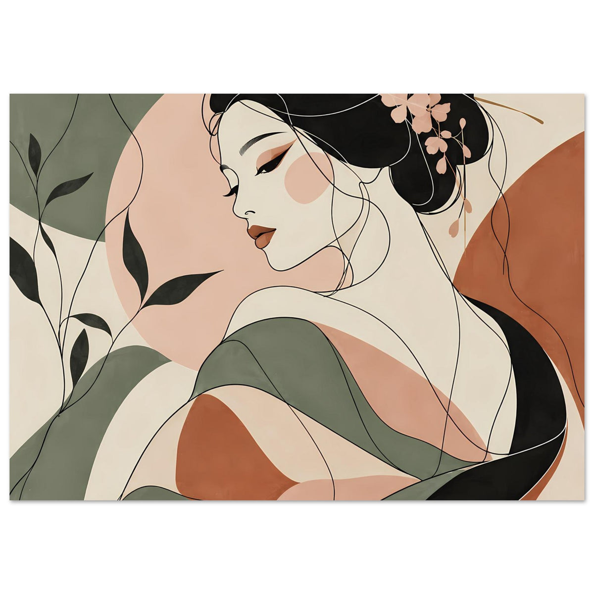 Gerahmtes Zen-Poster mit Linienkunst-Geisha im Profil, schwarzes Haar und Blumenornament