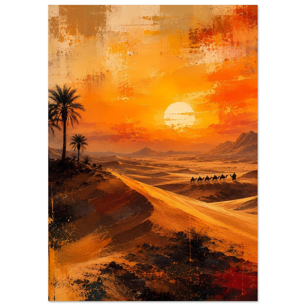 Poster im Hochformat mit Palmen links, goldenen Dünen, Sonne und Karawane im Sonnenuntergang