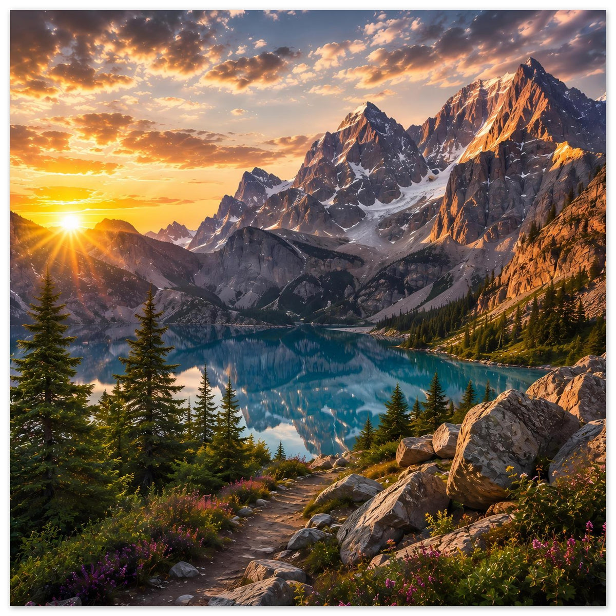 Poster mit Bergsee im Tal, umlaufende Felswände und goldenes Sonnenlicht bei Sonnenaufgang