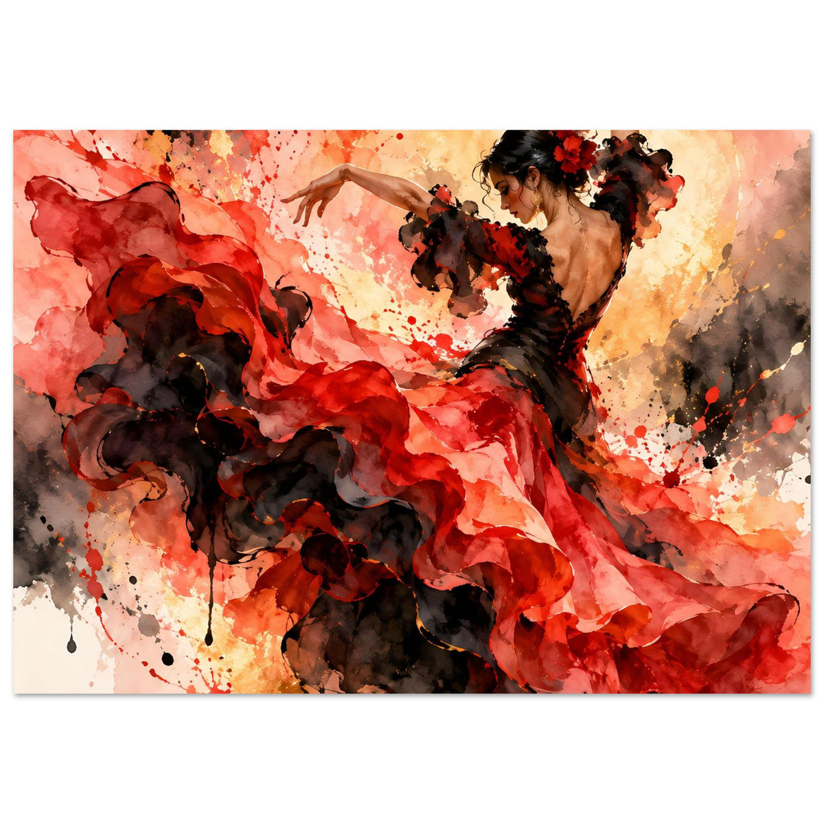 Tanzposter mit Flamenco-Tänzerin in rotem Kleid und schwarzem Mantil, tanzend