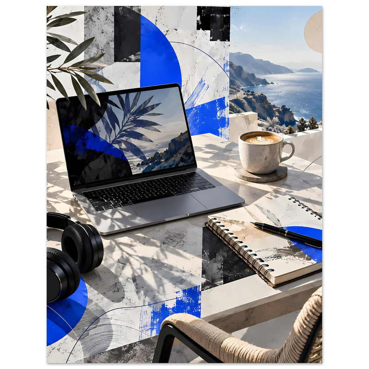 Küstenposter mit blauem Abstractdruck, Berg-Meer-Landschaft, Laptop und Tasse
