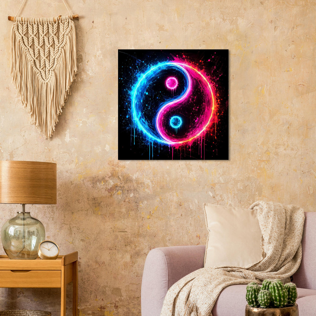 Quadratisches Yin-Yang-Poster in Neonblau und Pink mit abstrakten Farbspritzern