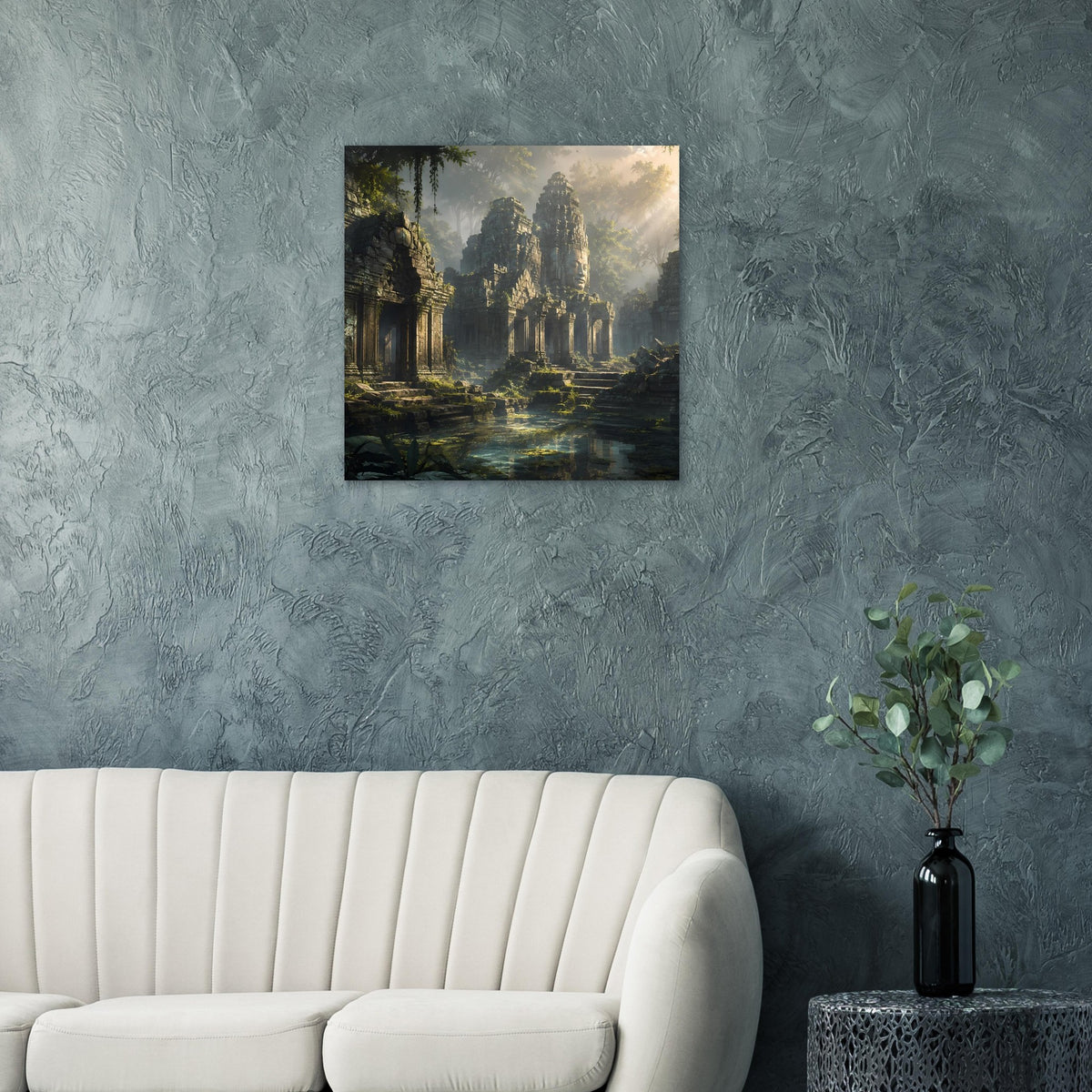 Poster mit Tempelruinen im Dschungel, Nebel und Lichtstrahlen über einem Wasserweg