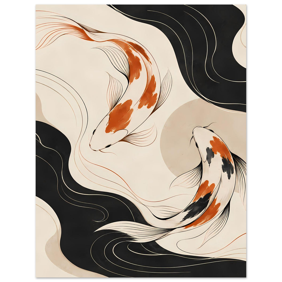 Poster mit Koi-Fischen und geschwungenen Wellenlinien in Schwarz, Beige und Orange