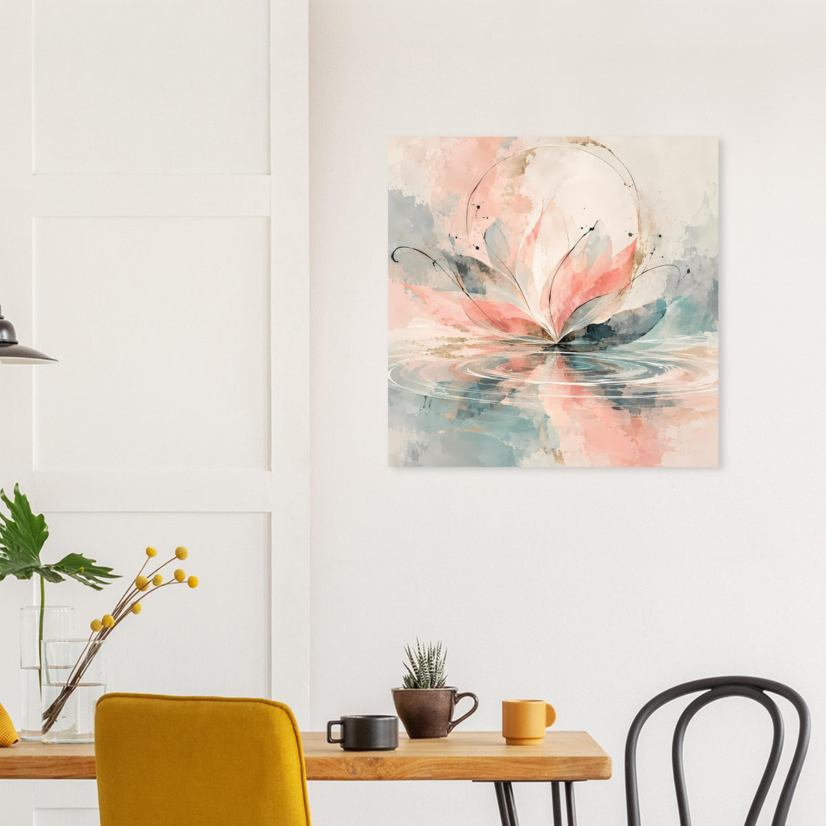 Quadratisches Florales Aquarellblüten-Poster mit pastellblauen/rosafarbenen Strichen und Wasserfläche