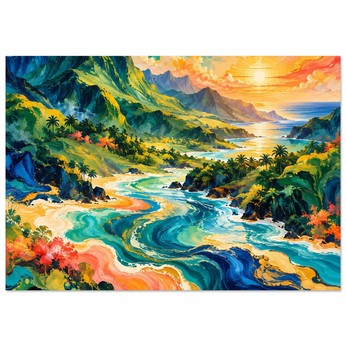 Tropisches Sonnenuntergangs-Poster, horizontal: Berge, Strand und farbige Strömungen im Wasser