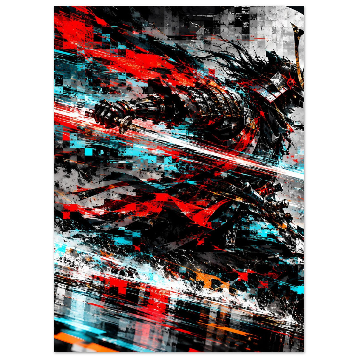 Hochformat-Actionposter mit Samurai-Motiv, abstrakte Pinselstriche in Rot, Cyan und Schwarz