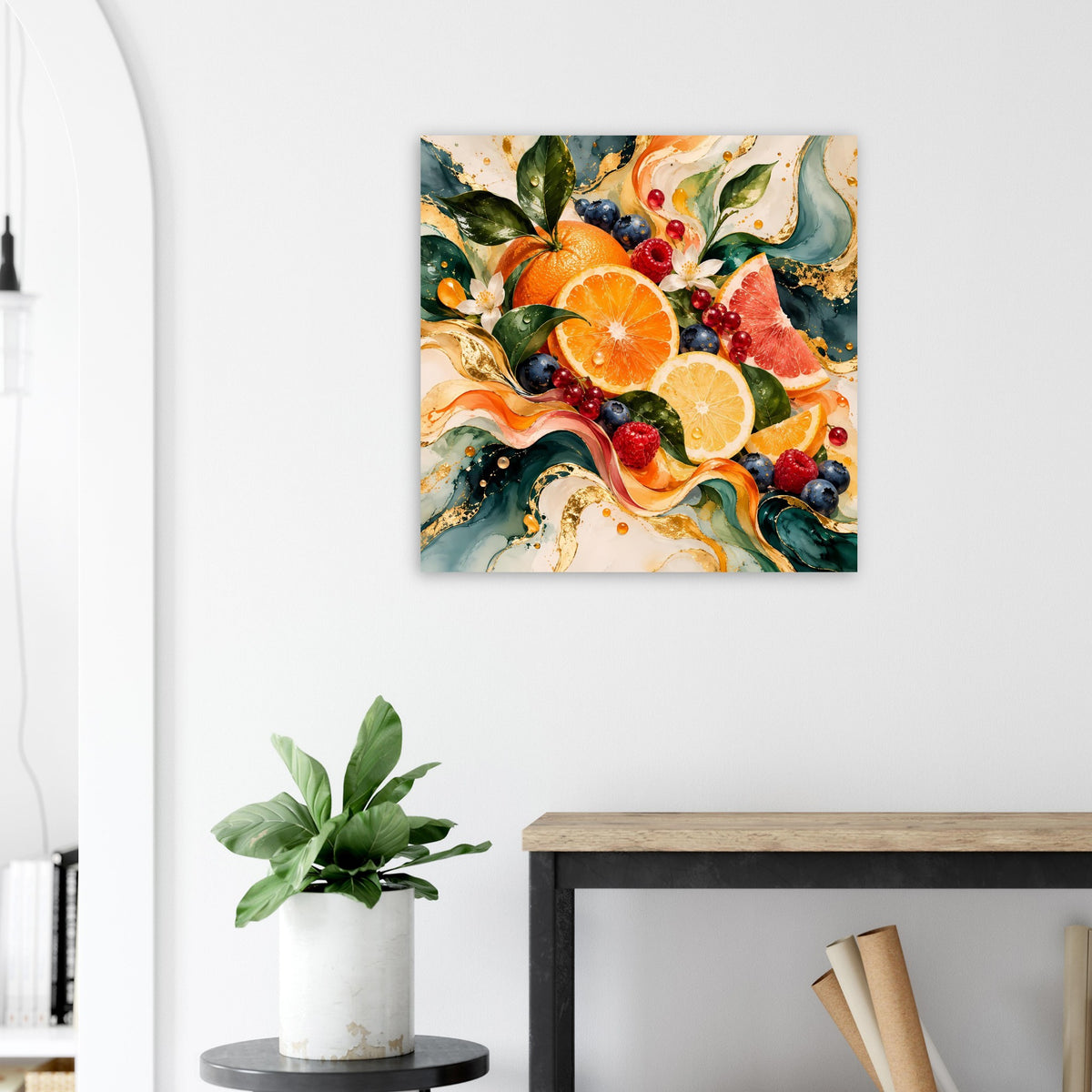 Wandposter mit Früchte-Kunst: Orangen, Grapefruit und Beeren in Pastell- und Blautönen
