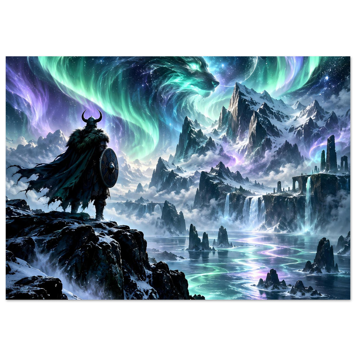 Fantasy-Poster mit Nordkrieger im Umhang, Polarlichtdrachen über Eisbergen und Leuchtschleiern