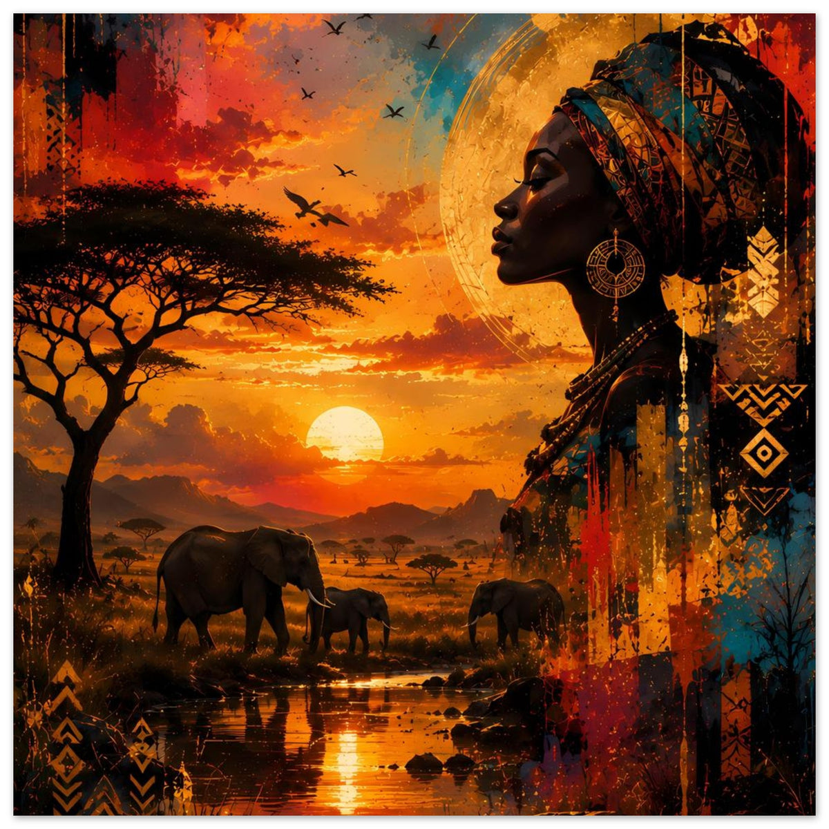 Poster: afrikanische Frau, Kopftuch mit Mustern, Elefanten vor Sonnenuntergang