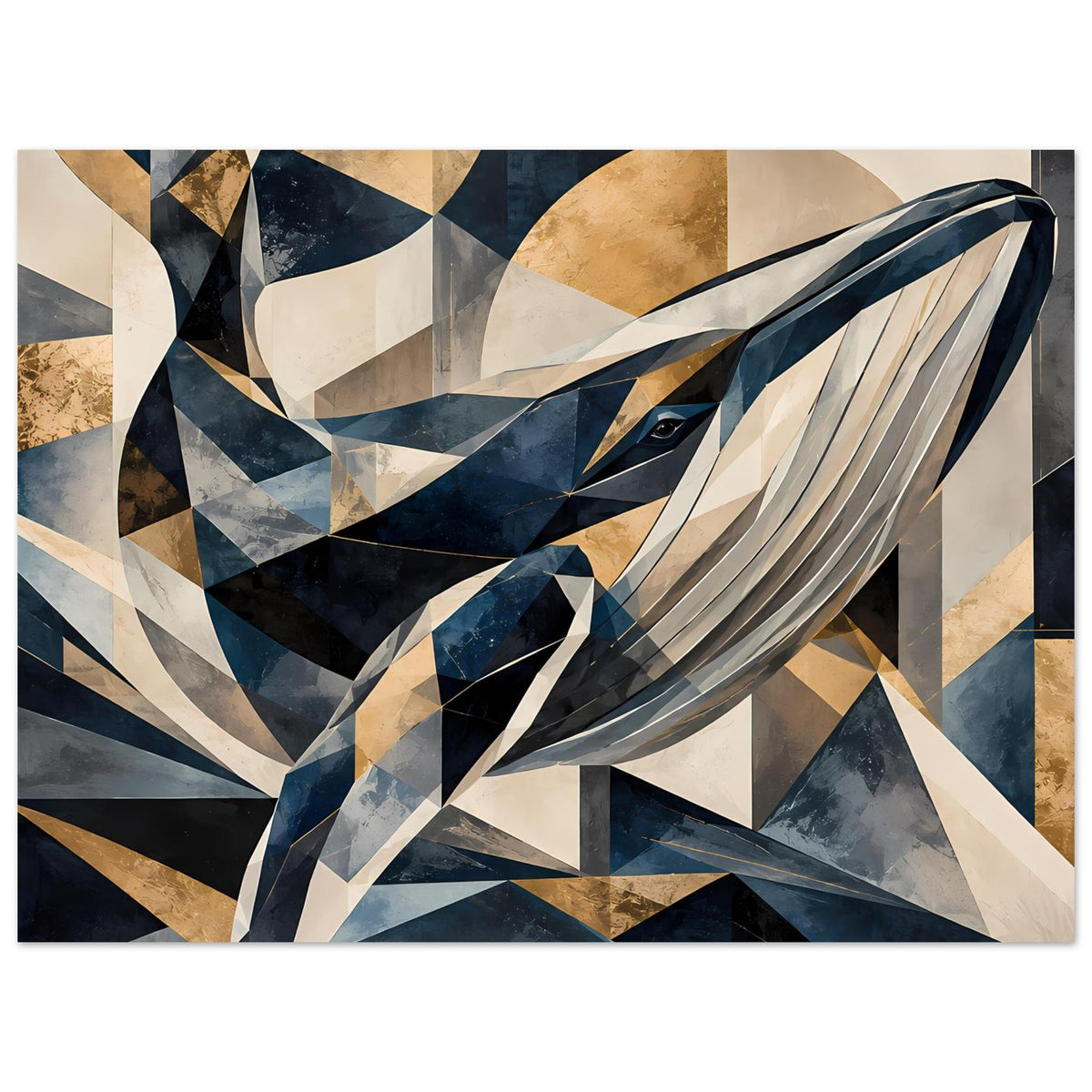 Kunstposter mit geometrischem Wal-Motiv in Blau, Gold und Creme, horizontal