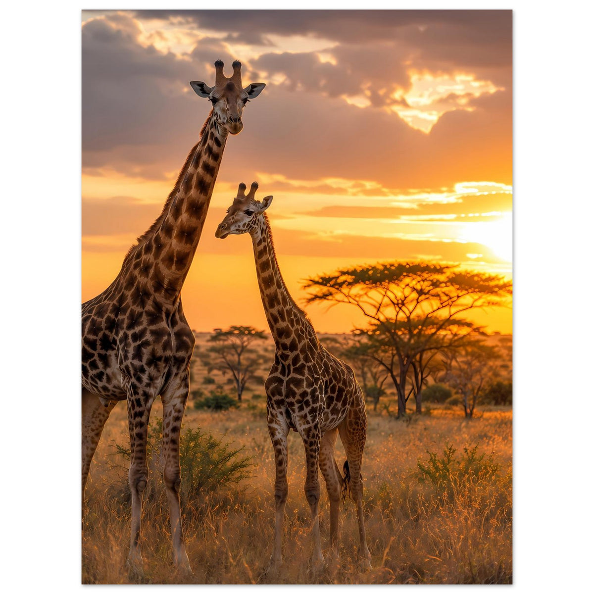 Safari-Sunset-Giraffenposter, vertikal: Giraffenpaar mit Blick in Richtung Abendhimmel