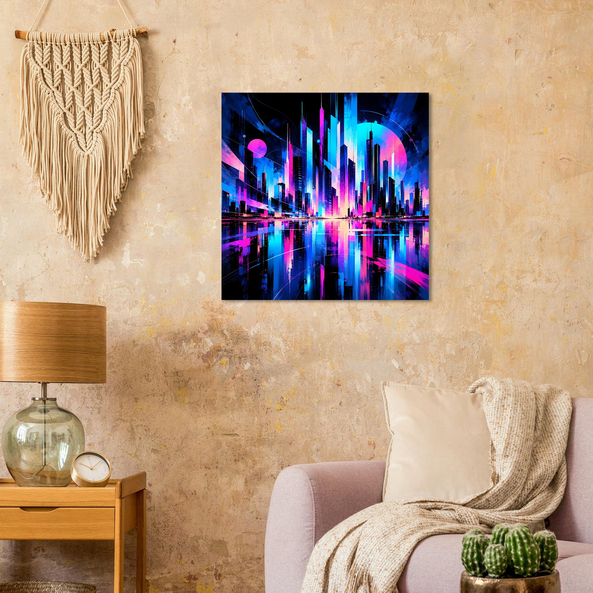 Quadratisches Wandposter mit futuristischem Neon-Stadtbild in Blau und Pink, spiegelnde Reflexe