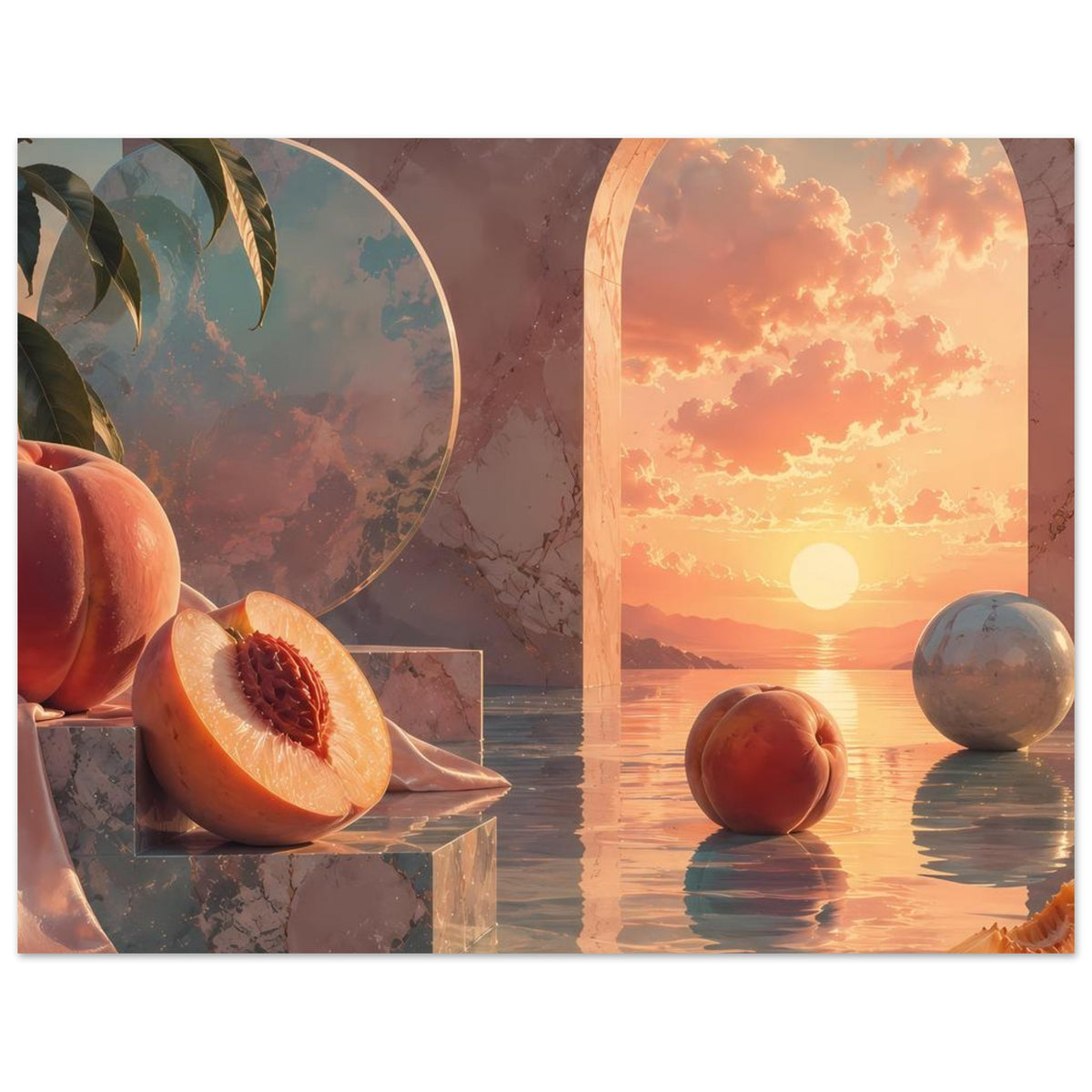 Poster mit Pfirsichhälfte auf Steinpodest, Pfirsichkugel im Wasser, Rundbogen-Sonnenuntergang