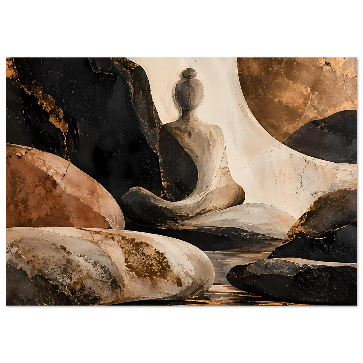 Abstraktes Poster, horizontale Ansicht: meditierende Figur vor Felsen, warmbraune Akzente, matt