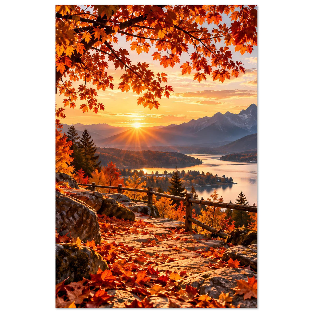 Herbstlandschafts-Poster: orangefarbener Sonnenuntergang, Laubzweige, Berge und See