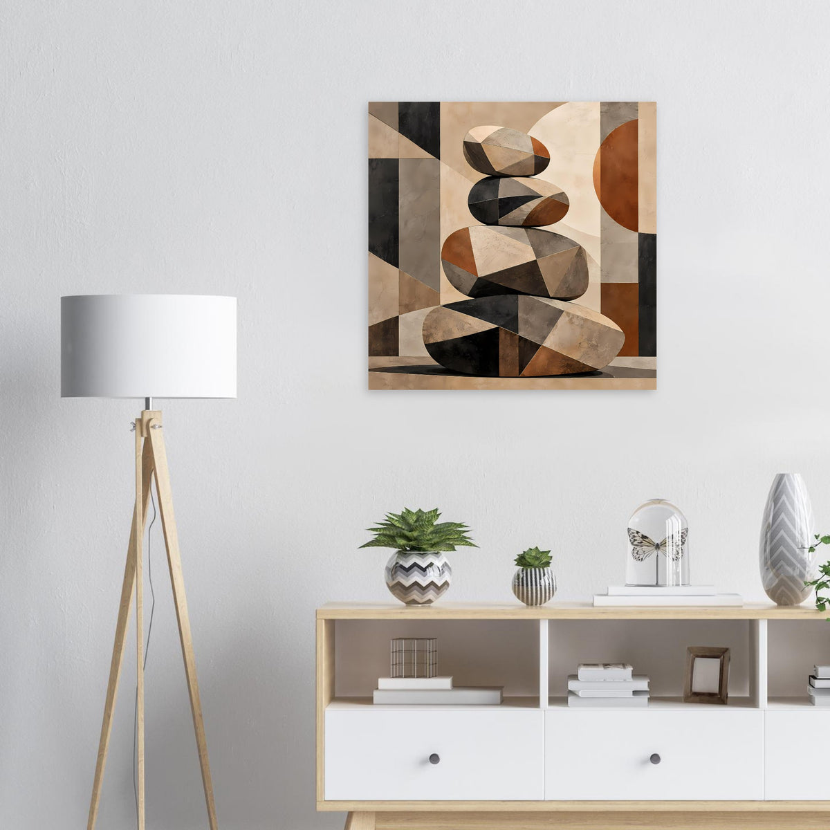 Quadratisches Zen-Poster mit abstraktem Steinstapel aus beigen, braunen und schwarzen Formen