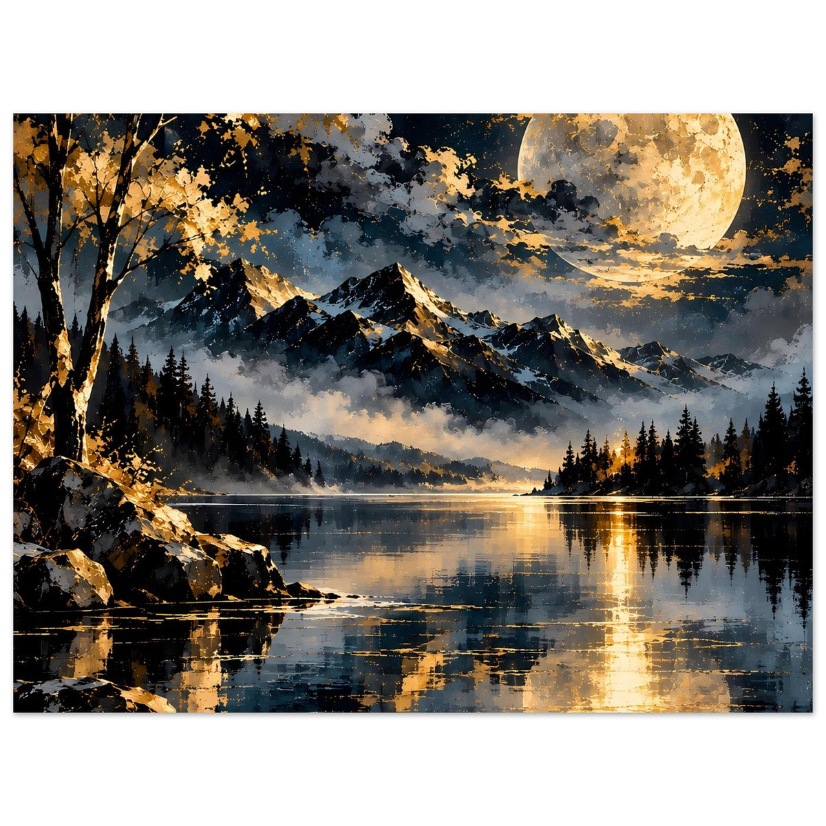 Querformat-Poster mit nächtlicher Berglandschaft, goldenem Licht und spiegelndem See
