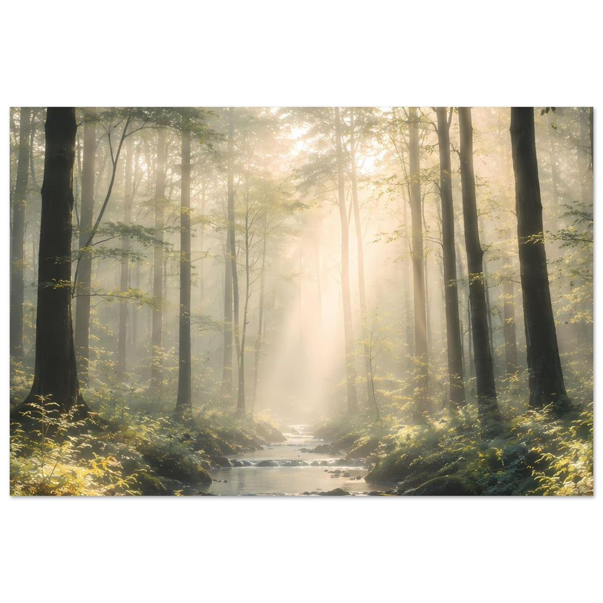 Naturposter Querformat: Sonnenstrahlen zwischen hohen Bäumen über dem Bach