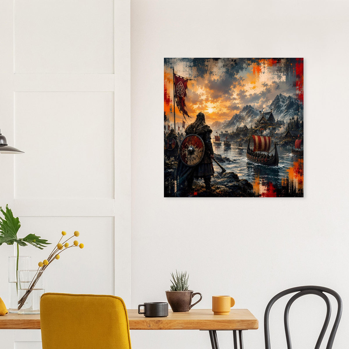 Quadratisches gerahmtes Poster mit Wikinger-Schildträger, Booten und rauchigem Abendhimmel