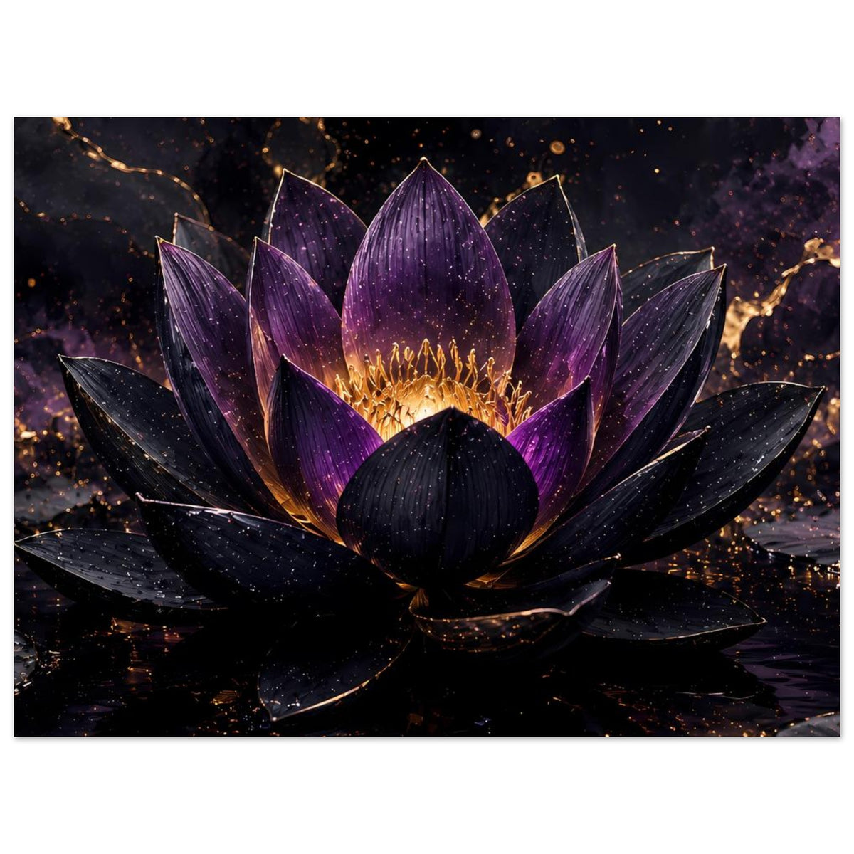 Lotusblüten-Poster im Hochformat, violett-goldene Blütenblätter mit dunklem Glanz