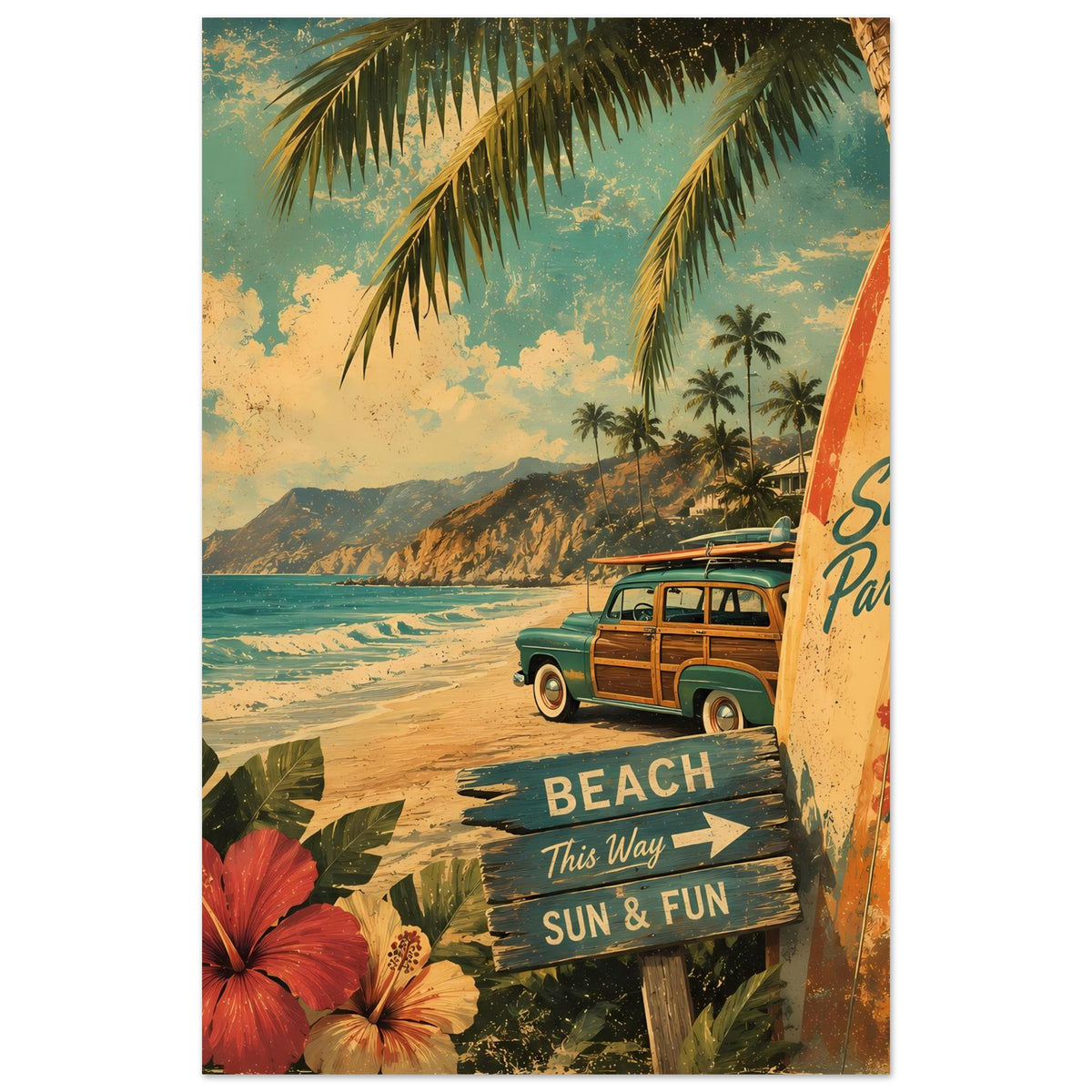Vertikales Ausschnitt-Poster: Surfboard rechts, Palmen und „BEACH“-Wegweiser