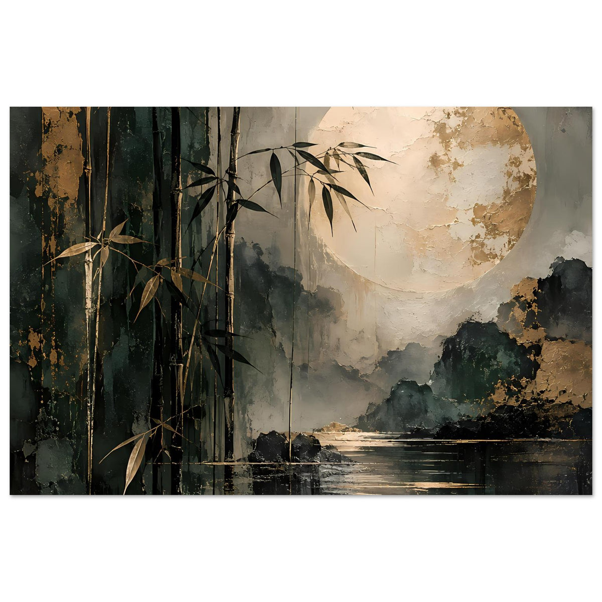 Naturposter mit Bambus am Ufer, Mondsichel und dunklen Wolken über dem spiegelnden Wasser