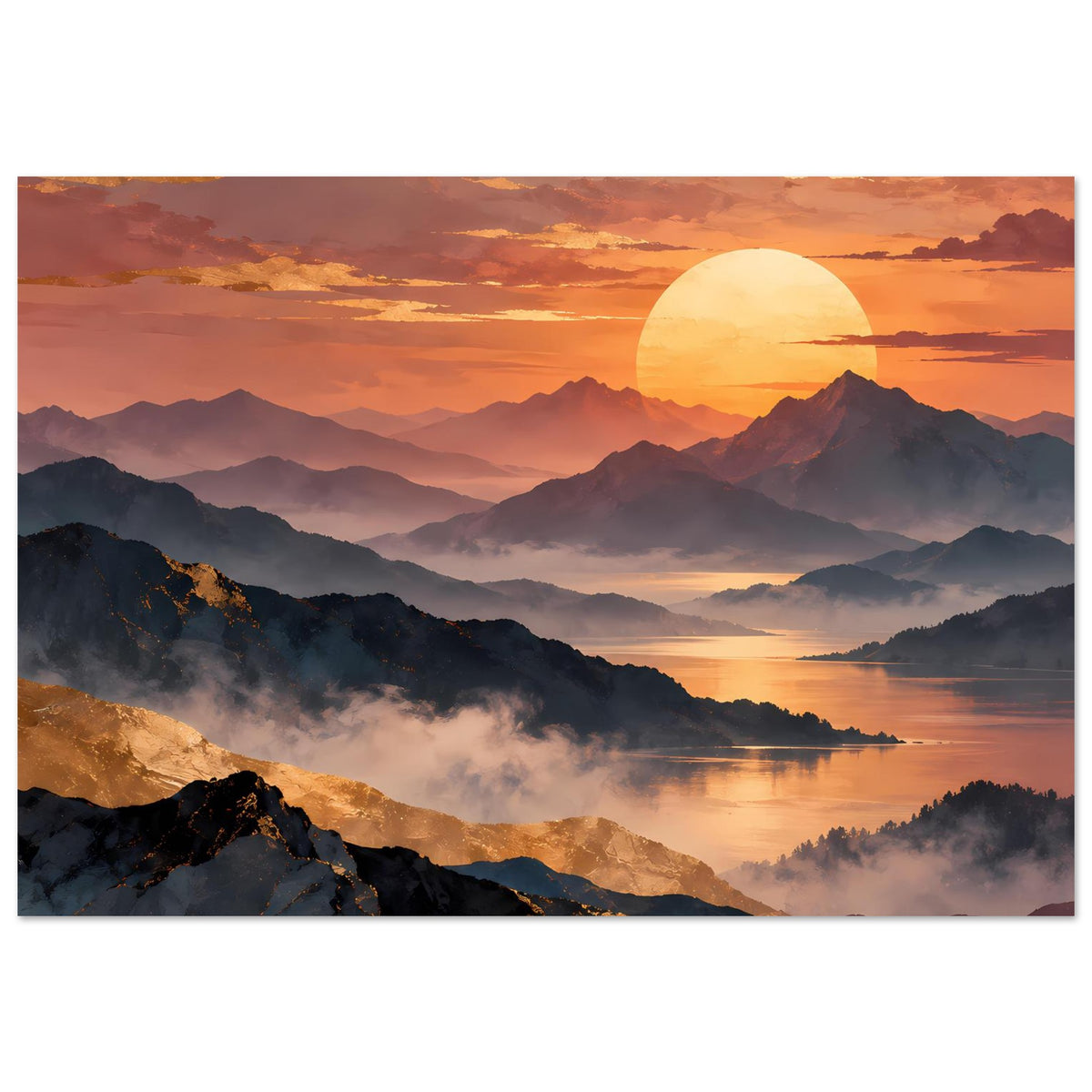 Sonnenuntergangsposter mit Bergen, großer Sonne und spiegelndem See, horizontal