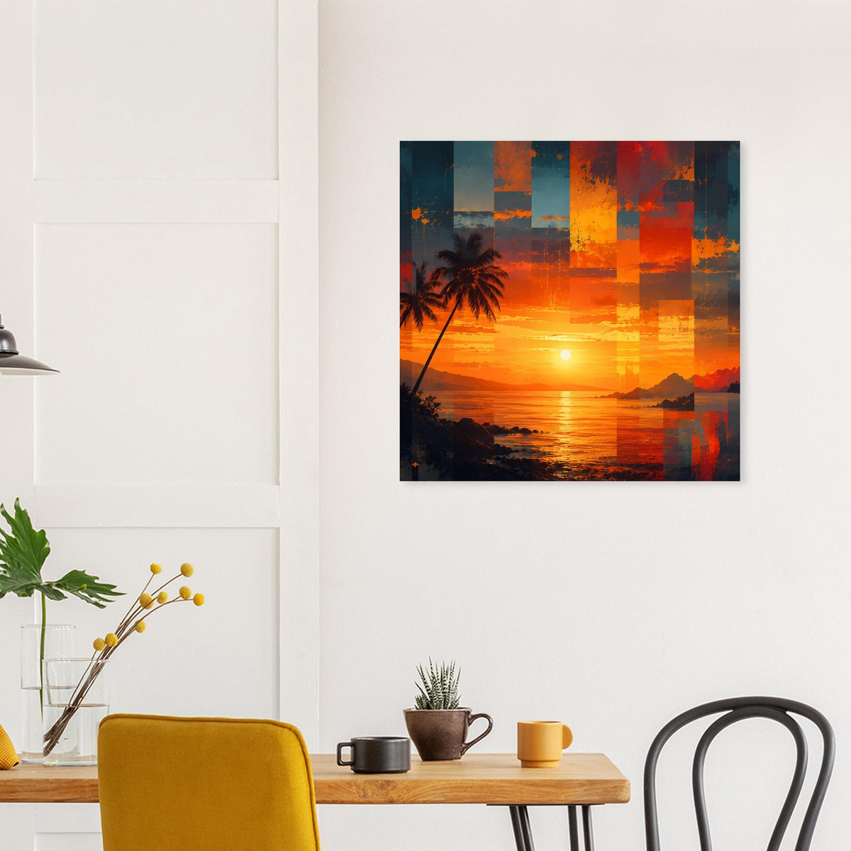 Quadratisches Kunstposter mit Sonnenuntergang über Wasser, tropische Palme und farbige Collage