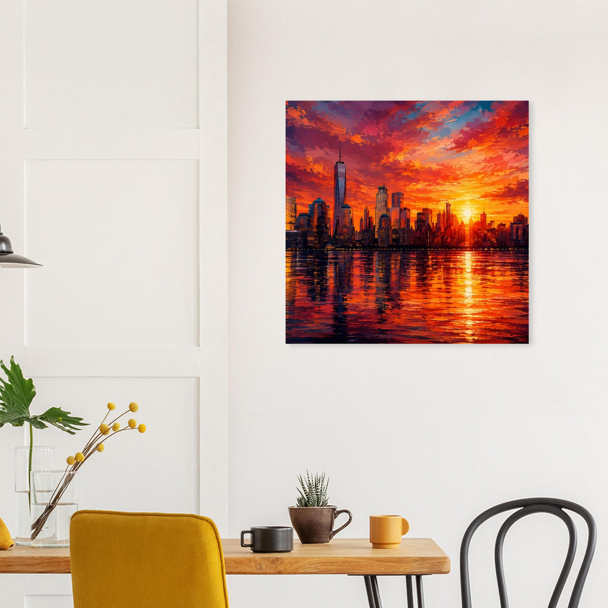 Quadratisches Poster der New-York-Skyline mit One World Trade Center, Sonnenuntergang und Reflexion.
