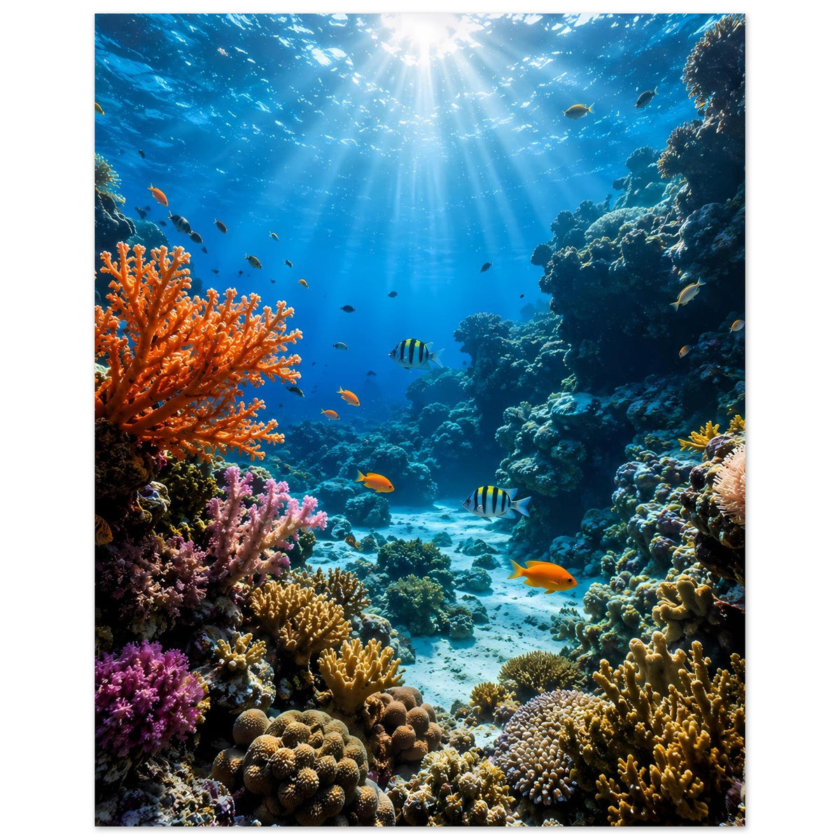 Unterwasser-Poster: Korallenriffe links und rechts, Fische im Mittelwasser und Lichtstrahlen