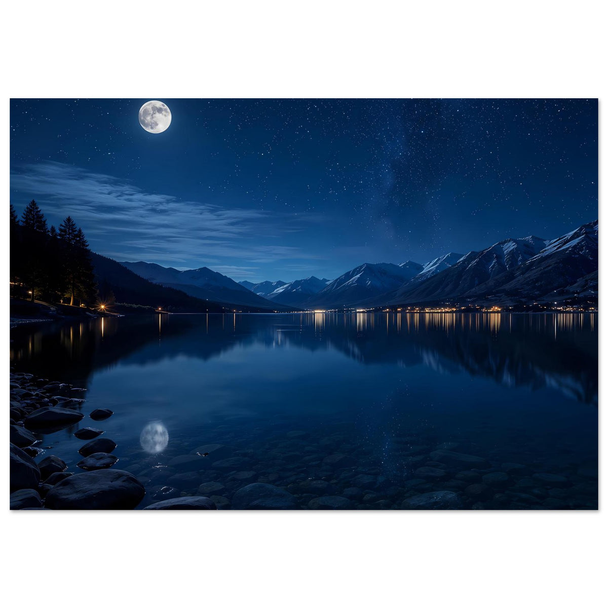 Poster mit nächtlichem Bergsee, Mond und Sternen; reflektierte Lichter und Felsen am Ufer