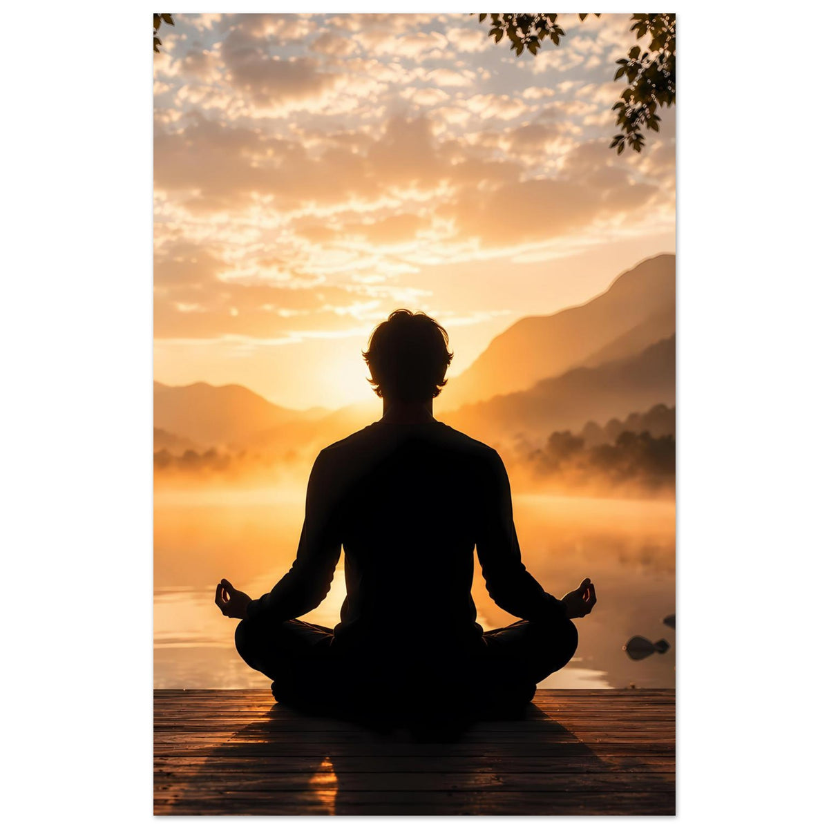 Meditationsposter Hochformat mit Meditierender Silhouette, Sonnenaufgang und See