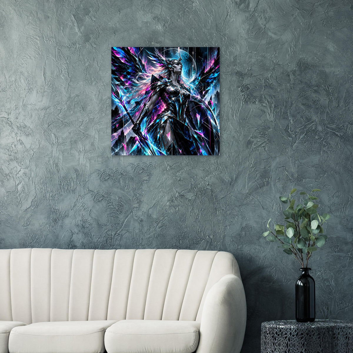 Quadratisches Poster: Valkyrie-Figur in Neonblau, Pink und violetten, leuchtenden Fragmenten