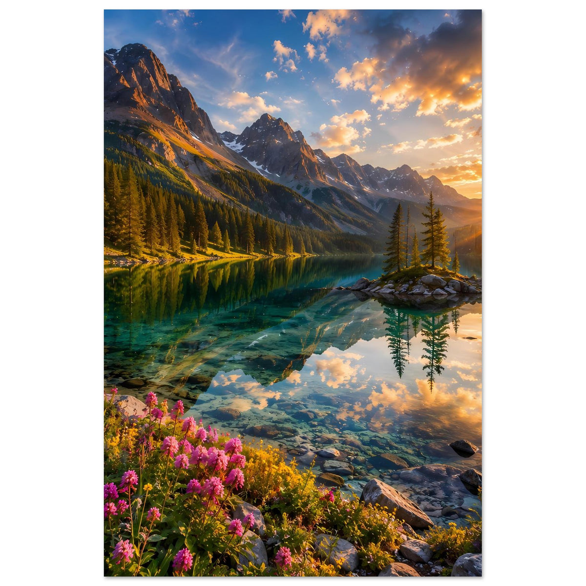 Landschaftsposter (hochkant) mit Sonnenaufgang über Bergen, Bergsee mit Tanne und Fels
