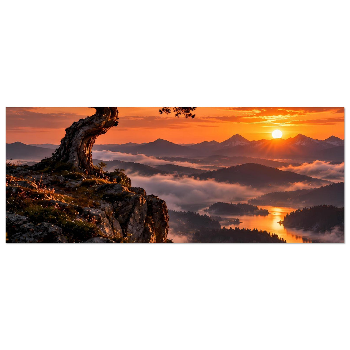 Horizontales Landschafts-Panorama Poster mit Baum auf Felsen und goldenem Sonnenuntergang