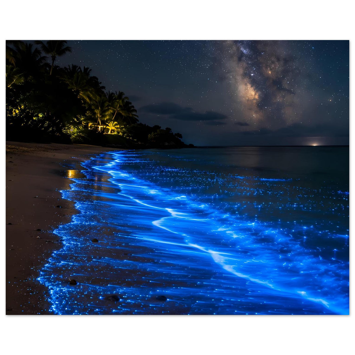 Querformat-Poster mit blau leuchtenden Wellen am Strand bei Nacht und funkelnden Lichtpunkten