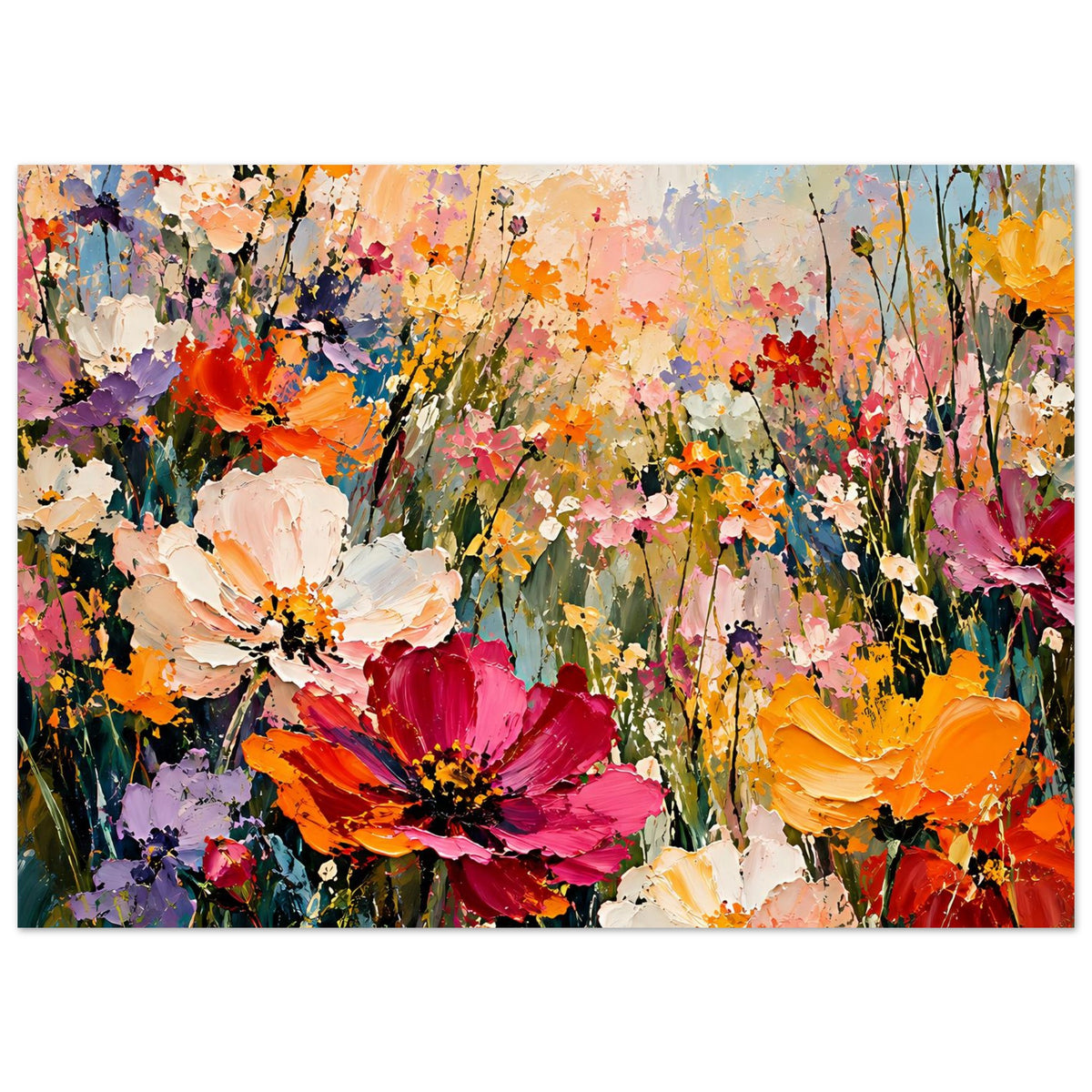 Breites Blumenposter mit großen Blüten in Pink, Orange, Rot und weißem Kontrast