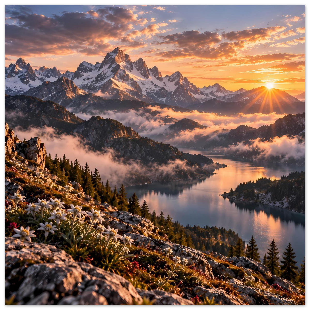 Quadratisches Poster mit Bergspitzen, Nebel über dem See und blühender Felsböschung