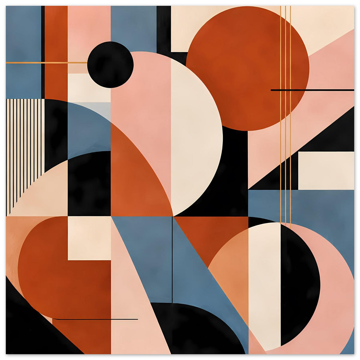 Abstraktes Geometrie-Poster mit schwarzem Punkt, Kreisen und Rasterlinien in Terrakotta & Dusty Blue