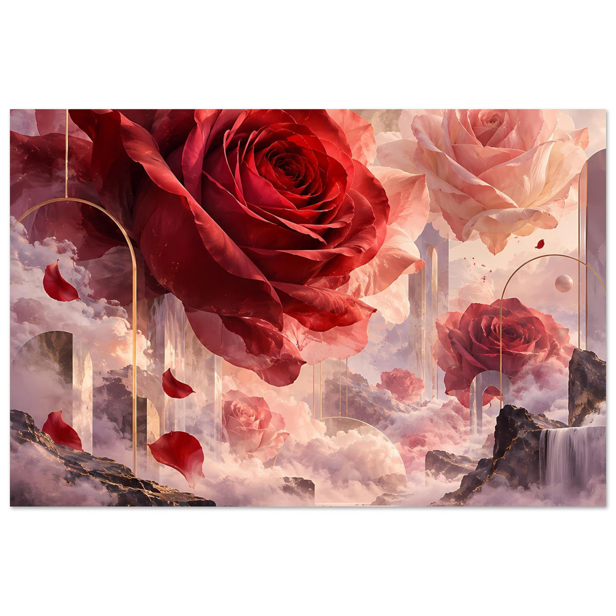 Poster mit roten Rosen und rosafarbenen Blüten, mit Spiegelung im Wasser
