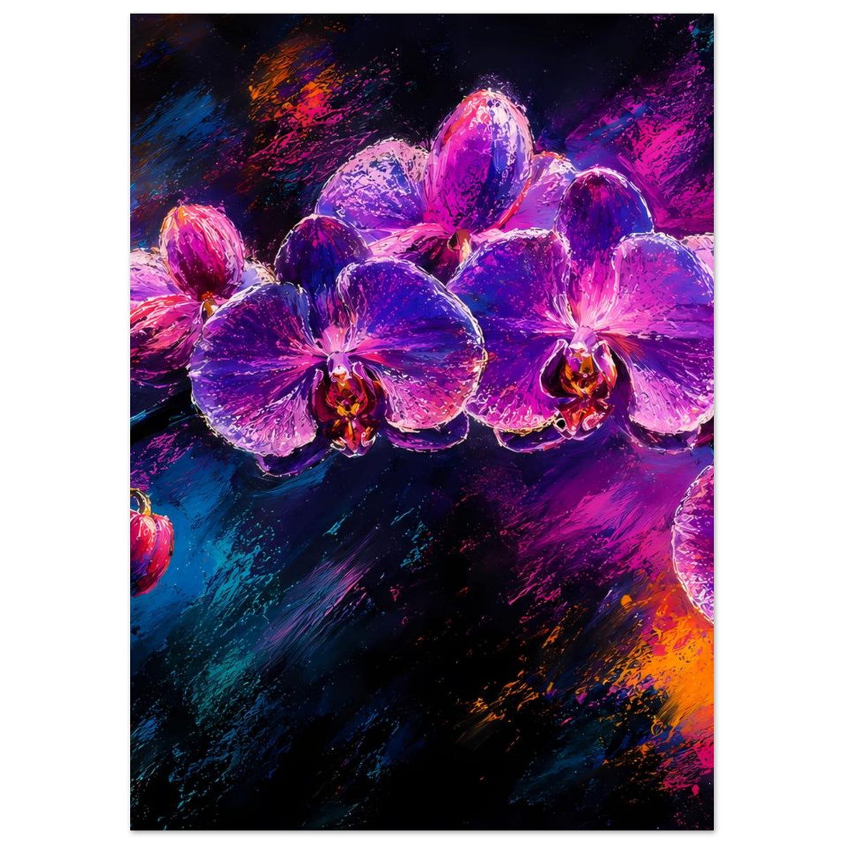 Blumenposter mit mehreren violetten Orchideenblüten und leuchtenden Farbverläufen