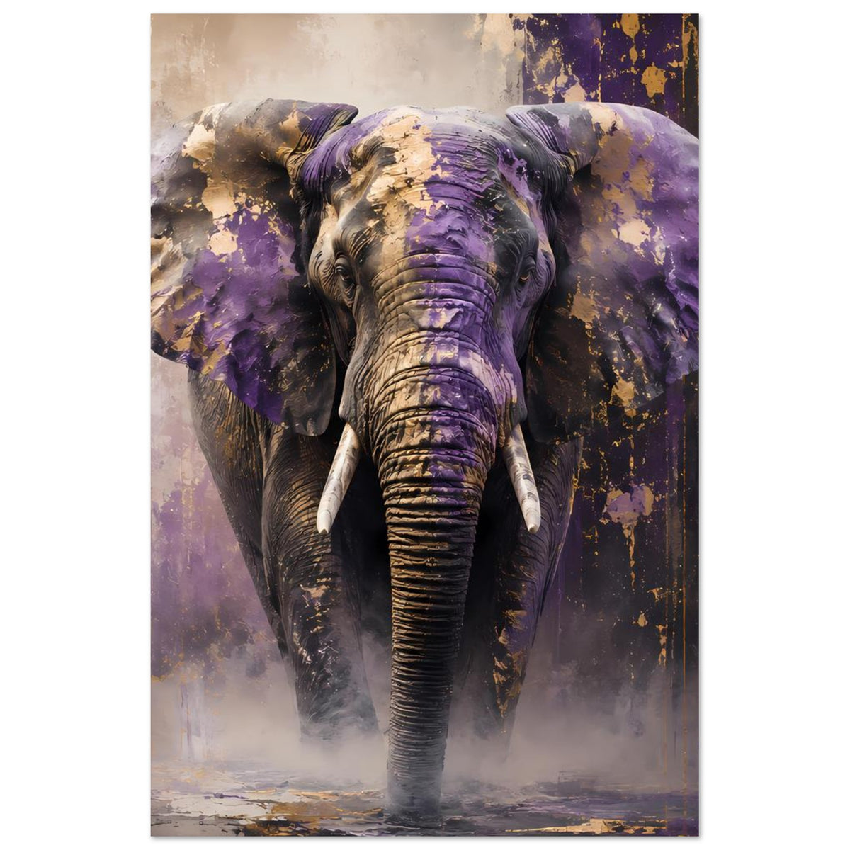 Abstraktes Elefantenposter mit violetten und goldenen Farbschichten, mittlere Nahansicht