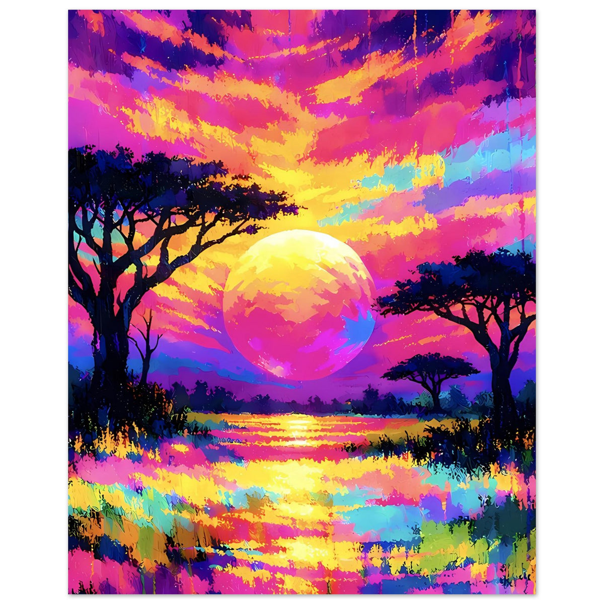 Neonfarbenes Sonnenuntergangs-Poster mit leuchtendem Kreis, Bäume links/rechts und See