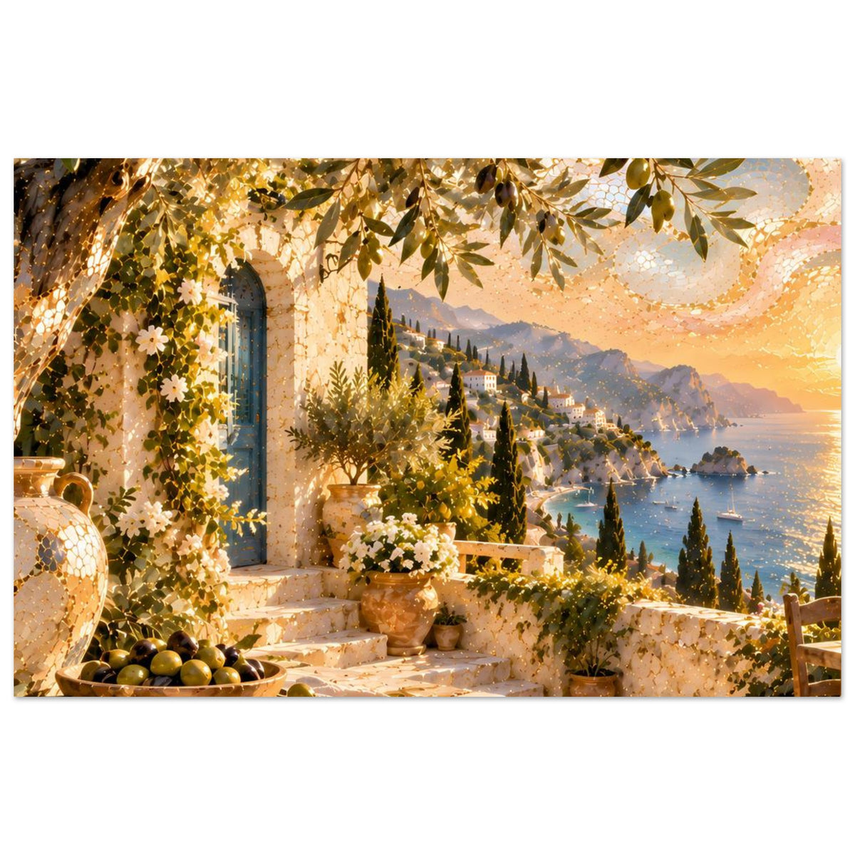 Mosaikkunst-Druck mit mediterranem Hof, Olivenzweigen, warmem Himmel und Küste