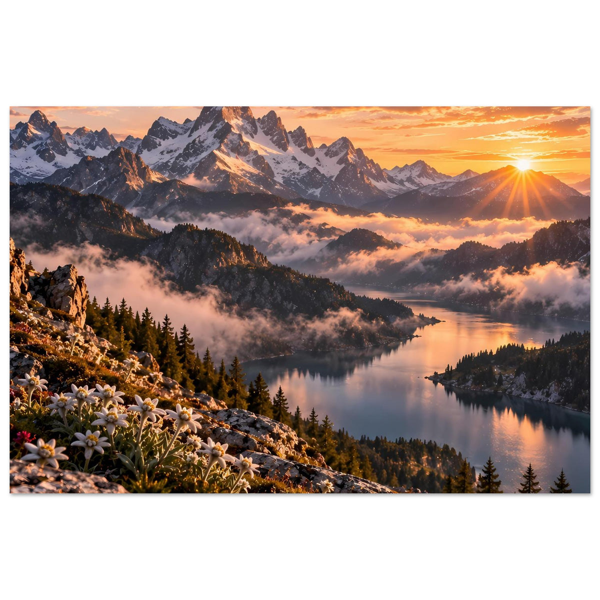 Hochkant-Poster mit Alpenpanorama, Bergsee und tiefem Sonnenaufgangshimmel