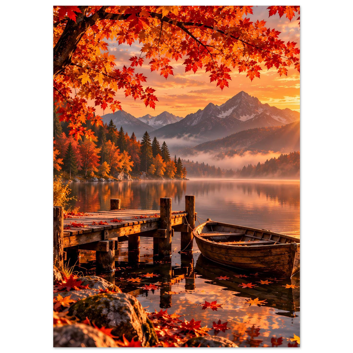Poster mit herbstlichem Seeufer: rote Blätter über Bergwelt, Holzsteg und Boot.