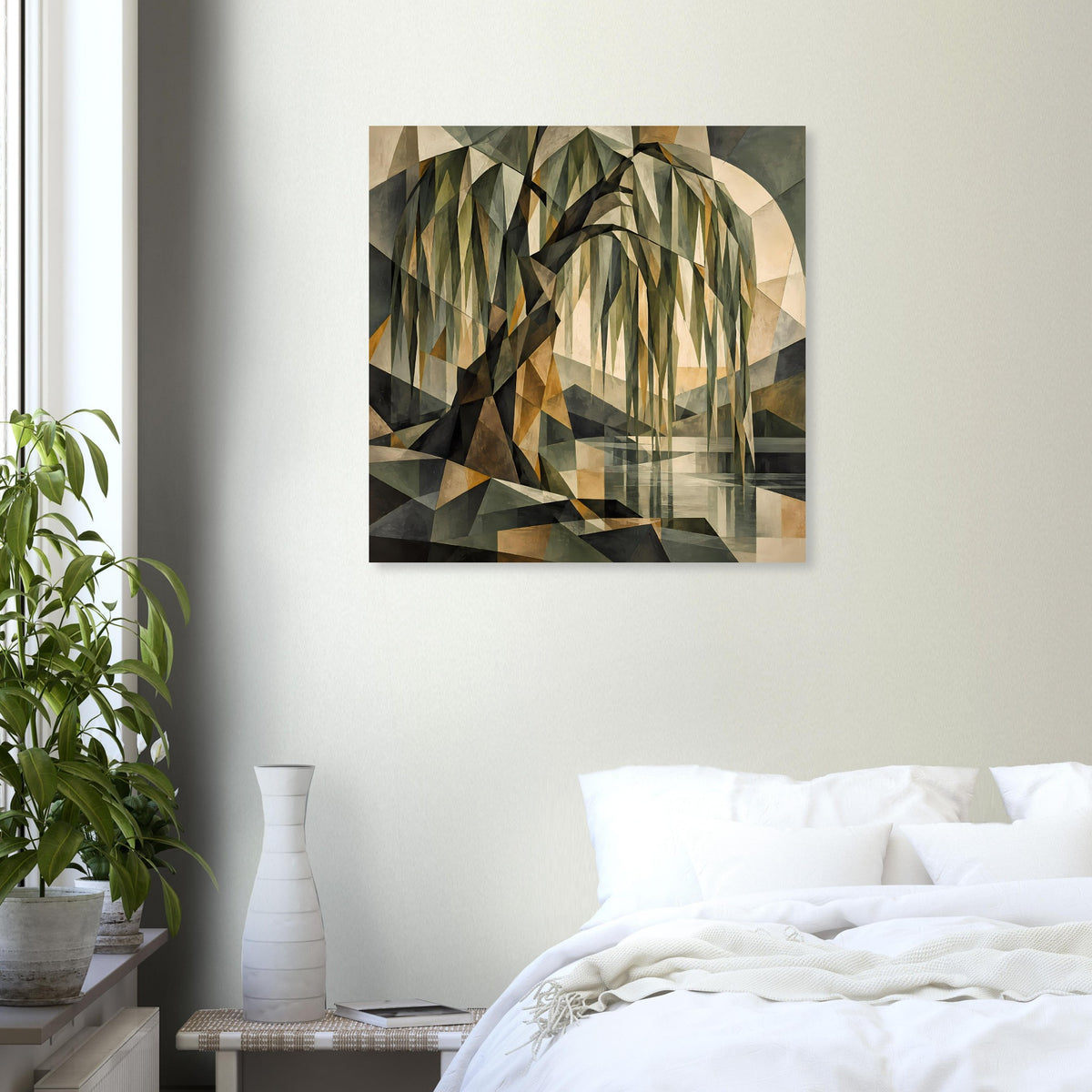 Wandposter mit geometrischem Baum-Motiv in dunklen Grün-, Braun- und Cremetönen