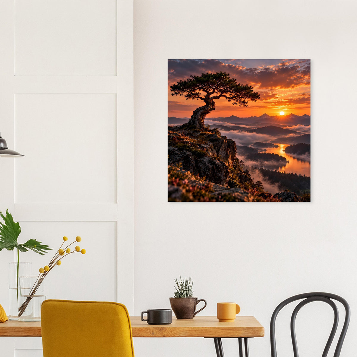 Quadratisches Landschaftsposter mit Baum auf Klippe und Sonnenuntergang über Berglandschaft